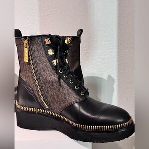 Michael Kors Black and Brown Combat Boots with Gold Details
